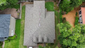 Drone view of a shingle roof during a LePierre Roofing inspection
